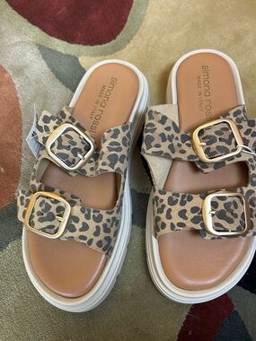 Simona Rossi Leopard Print Double-Buckle Slide Sandals - Brown